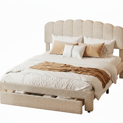 Double bed 140x200 with drawer – Adjustable beige padded teddy headboard