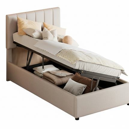 Einzelbett mit Stauraum (90 x 200 cm) und hydraulischer Staufunktion – Stoff
