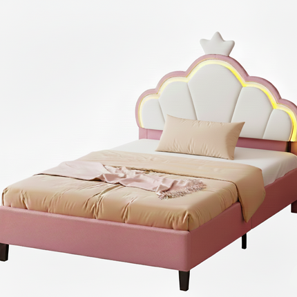 Einzelbett 90x200 – Prinzessinnen-LED-Design mit rosa Kronen-Kopfteil
