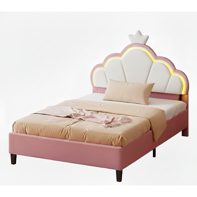 Lit 1 place 90x200 – Design princesse LED avec tête de lit couronne Rose