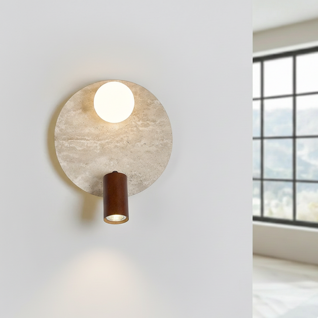 Applique murale en travertin avec globe et projecteur en bois