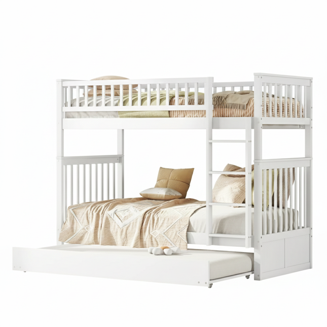 Lit mezzanine gigogne 2 lits de 1 place 90x200 – Bois avec escalier Blanc