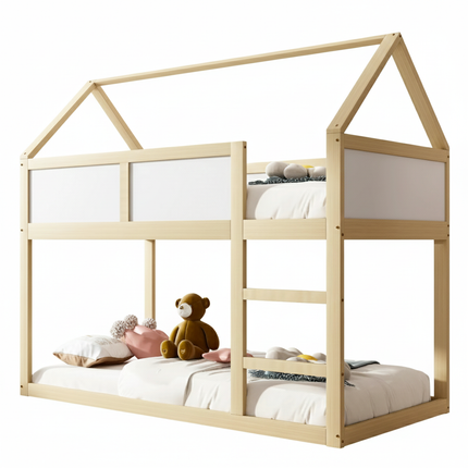 Hochbett mit 2 Einzelbetten (90x190 cm) – Holz- und weißes Gestell