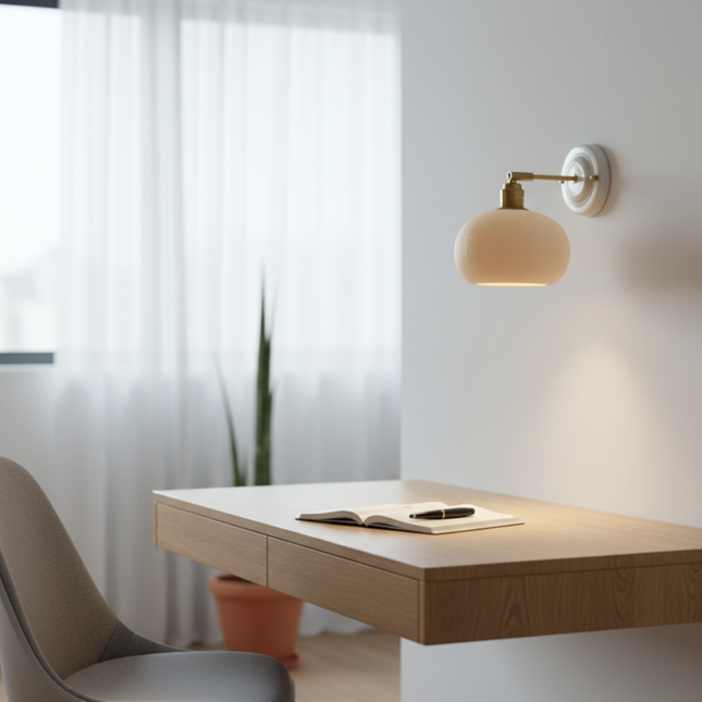 Applique murale avec abat-jour rond en céramique rainurée et bras en laiton