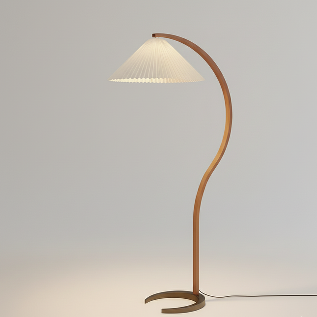 Lampadaire nordique rétro en bois courbé et abat-jour textile