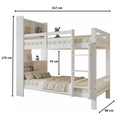 Hochbett mit zwei Einzelbetten (90 x 200 cm) – Weißes Holz mit integriertem Stauraum