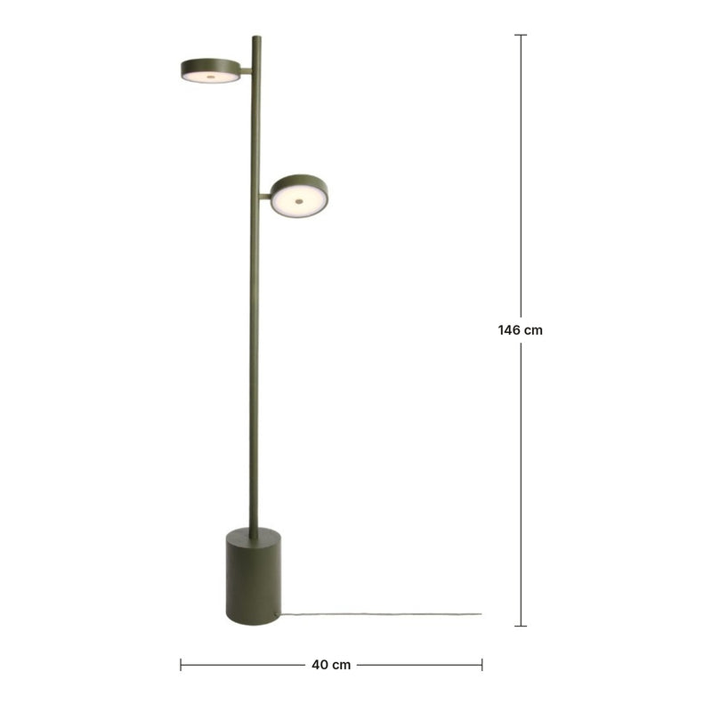 Dimensions Lampadaire Okinawa 2 Têtes LED en Bois de Frêne Vert Olive 146 cm