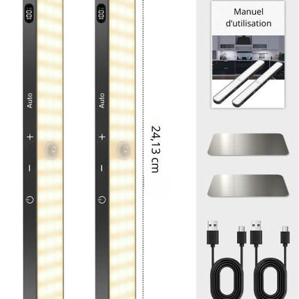 Une vue ouverte de la boîte montrant le contenu du pack : les deux lampes, les câbles de recharge, et un manuel