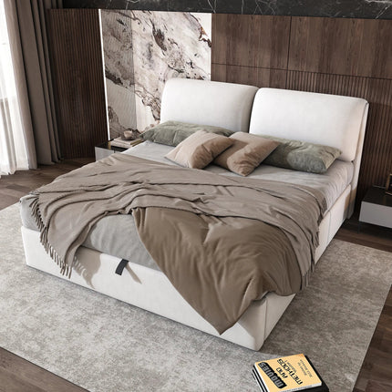 180x200cm Storage Bed – White Velvet &amp; Adjustable Headboard