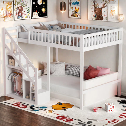 Single loft bed 90x200 – White wood with stairs and storage