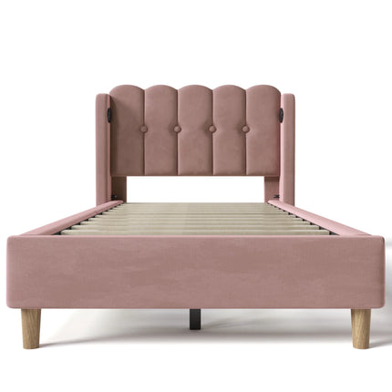 Single bed 90x200 – Pink tufted velvet with integrated USB-C port