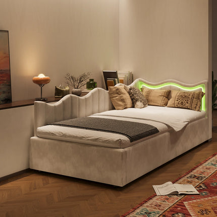 Single storage bed (90x200 cm) with hydraulic storage – Beige velvet