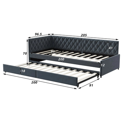 Single trundle bed 90x200 with pull-out bed – Grey velvet