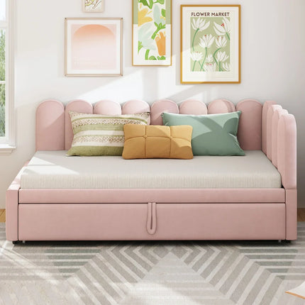 Lit gigogne 1 place 90x190 extensible – Velours rose design pétale