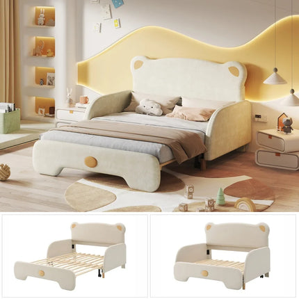 Children's double bed 140x200 – Bear design in beige velvet