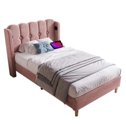 Single bed 90x200 – Pink tufted velvet with integrated USB-C port