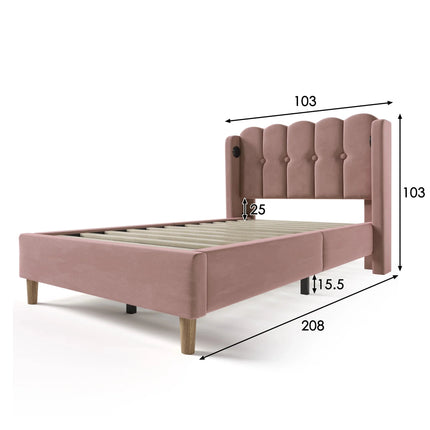 Single bed 90x200 – Pink tufted velvet with integrated USB-C port