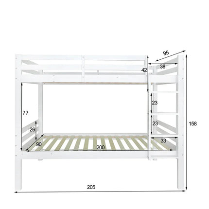 Mezzanine-Bett mit zwei Einzelbetten (90x200 cm) – Weißes Holz mit Leiter und trennbaren Betten