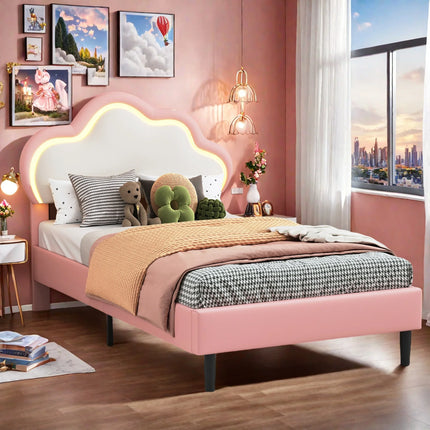 Children's single bed 90x200 – Cloud design with LED lights in pink faux leather