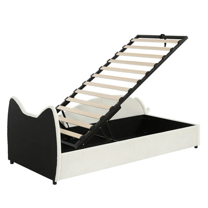 Single bed with storage (90x200cm) – Cat design in beige velvet