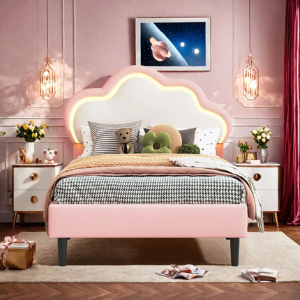 Children's single bed 90x200 – Cloud design with LED lights in pink faux leather