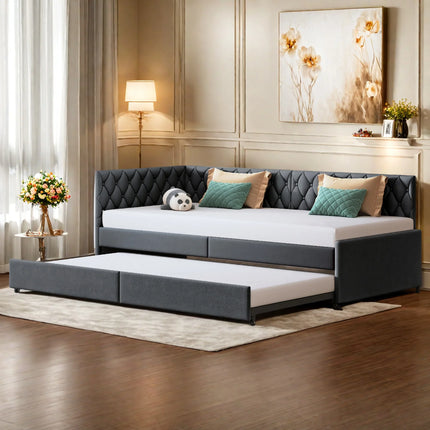 Single trundle bed 90x200 with pull-out bed – Grey velvet
