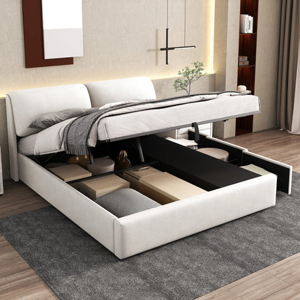 180x200cm Storage Bed – White Velvet &amp; Adjustable Headboard