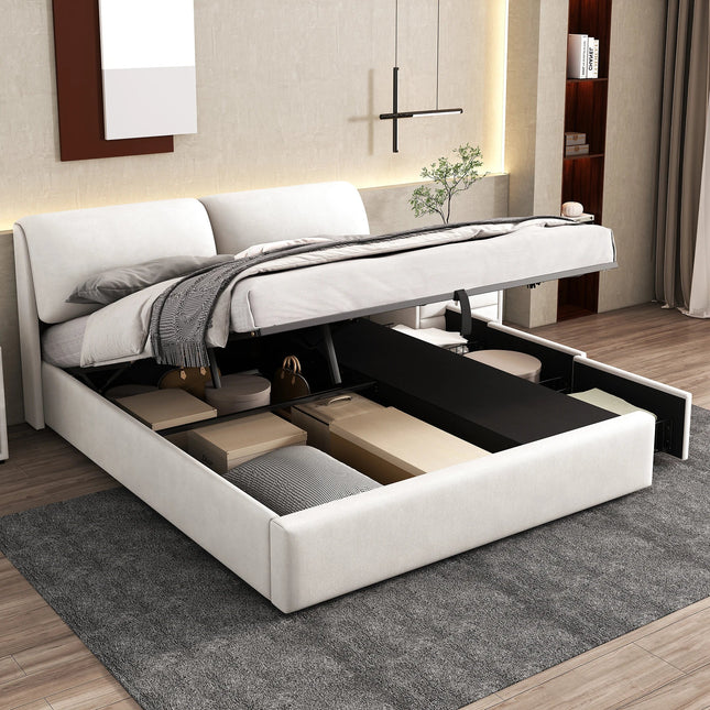 Lit coffre 180x200 avec rangements – Velours blanc & tête réglable