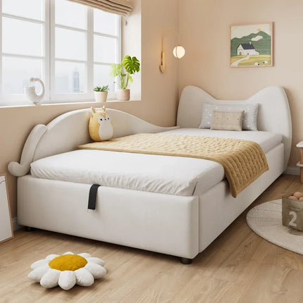 Einzelbett mit Stauraum (90 x 200 cm) – Katzenmotiv in beigem Samt – Sovala
