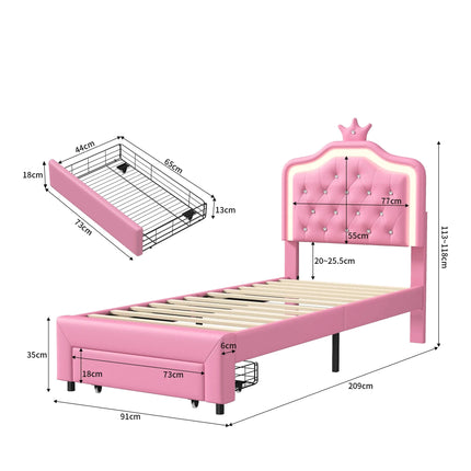 Single bed 90x200 – Princess design with storage drawer Pink