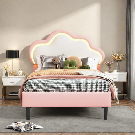 Children's single bed 90x200 – Cloud design with LED lights in pink faux leather