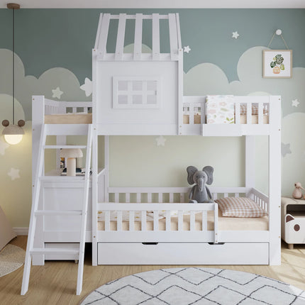 Hochbett mit Zwischengeschoss für 1 Person, 90 x 200 cm – bietet Platz für 2 Personen, Weiß