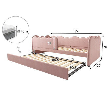Single bed 90x190 with pull-out bed – Pink velvet pull-out bed