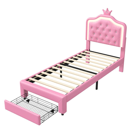 Single bed 90x200 – Princess design with storage drawer Pink