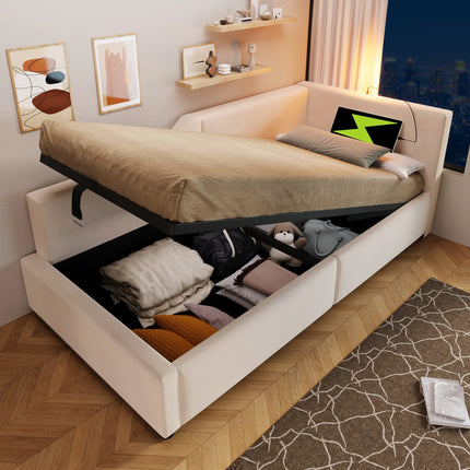 Single storage bed (90x200cm) – Velvet daybed with light &amp; USB-C, Beige