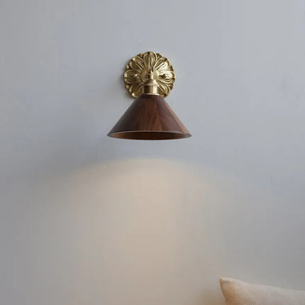 Conical Wood and Brass Wall Sconce