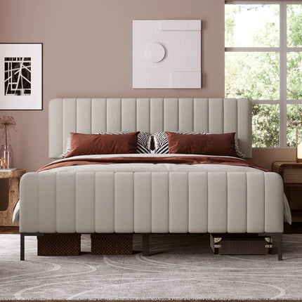 Lit 2 places 160x200 – Tissu beige, tête de lit ajustable