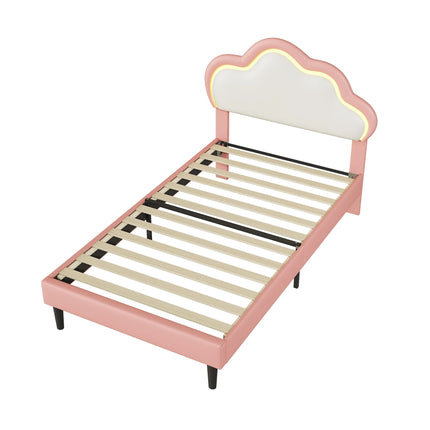 Children's single bed 90x200 – Cloud design with LED lights in pink faux leather