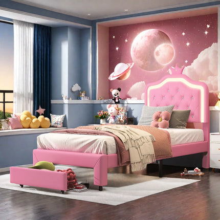 Single bed 90x200 – Princess design with storage drawer Pink