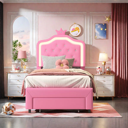 Single bed 90x200 – Princess design with storage drawer Pink
