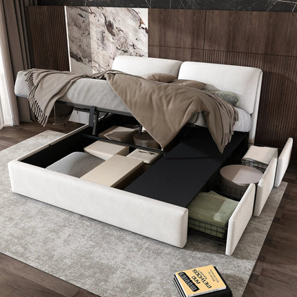 180x200cm Storage Bed – White Velvet &amp; Adjustable Headboard