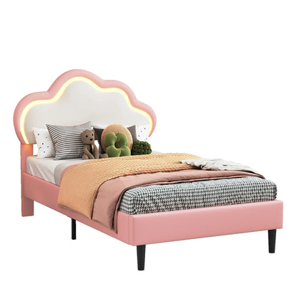 Children's single bed 90x200 – Cloud design with LED lights in pink faux leather