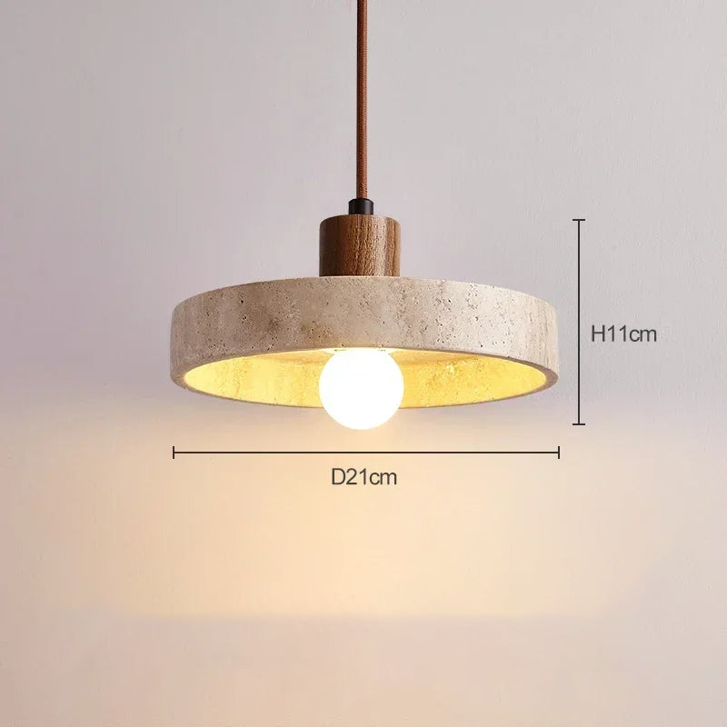 Travertine Stone and Circular Wood Pendant Light