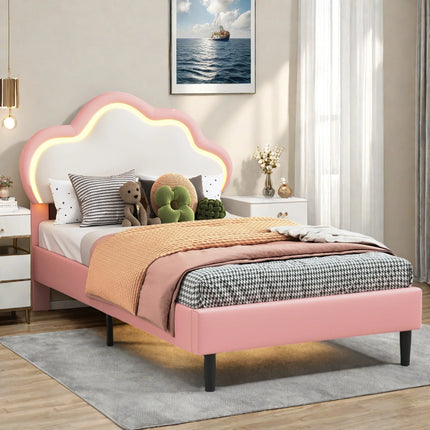 Children's single bed 90x200 – Cloud design with LED lights in pink faux leather