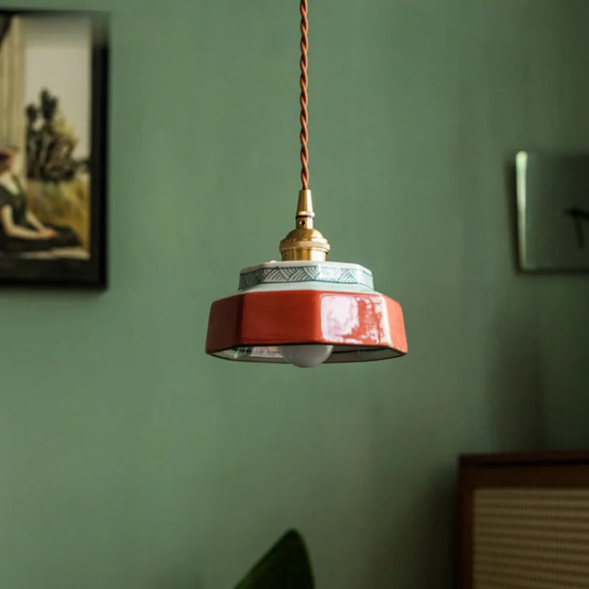 Vintage Hängelampe aus Keramik und farbigem Kupfer