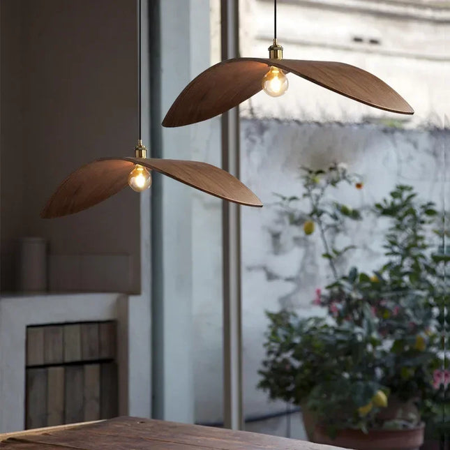 Modern Wooden Pendant Light with Carved Hat