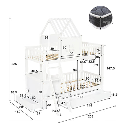 Hochbett mit Zwischengeschoss für 1 Person, 90 x 200 cm – bietet Platz für 2 Personen, Weiß