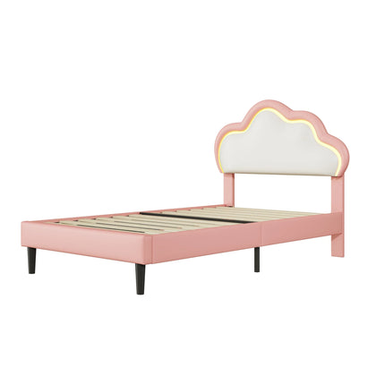 Children's single bed 90x200 – Cloud design with LED lights in pink faux leather