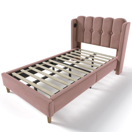 Single bed 90x200 – Pink tufted velvet with integrated USB-C port