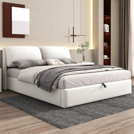 180x200cm Storage Bed – White Velvet &amp; Adjustable Headboard